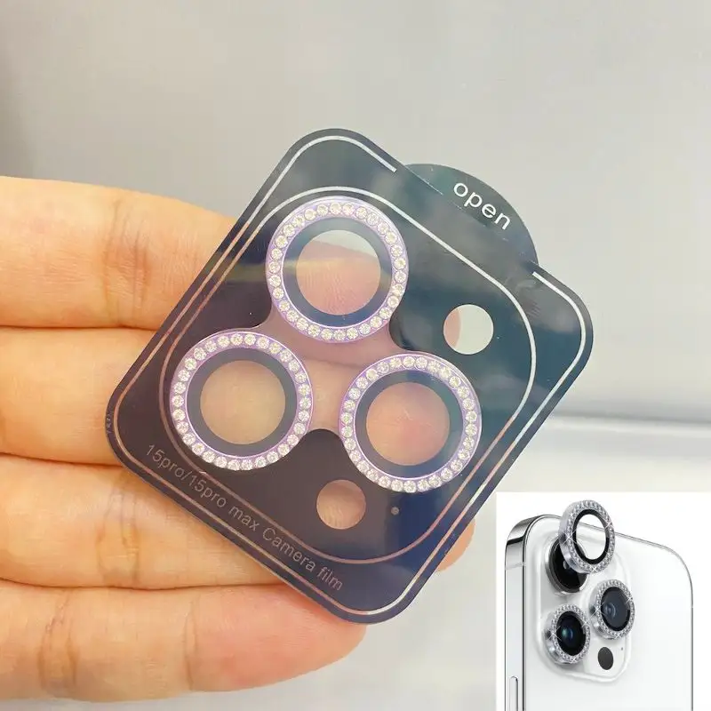 Fábrica feita lente câmera protetor volta telefone lente tampa bling rhinestone lente capa para iPhone 15 15Pro