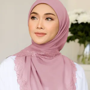 Custom Hijab Sjaal Premium Maleisië Borduurwerk Voile Bawal Hijab Chiffon Shawl Sjaal Leverancier