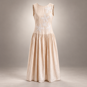 Vestido Midi Beige Floral Bordado para Mujer al por Mayor, Sin Mangas, Cuello Redondo, Tejido Natural, Corte A, Mezcla de Lino y Viscosa - Product Image 1