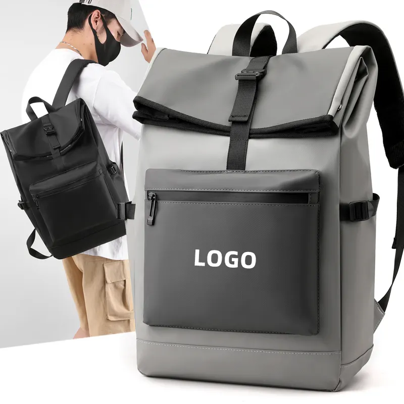 Personalizado Unisex Moda Impermeable de cuero plegable rolltop mochilas escuela estudiante hombres viaje Laptop bolsas Daypack