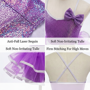 Purple Sequin Criss Cross Back Kids Tutu Dance Costume Bow Decor Silver Trim Tulle <b>Skirt</b> Girls Jazz Tap Stage Performance Wear - Product Image 2