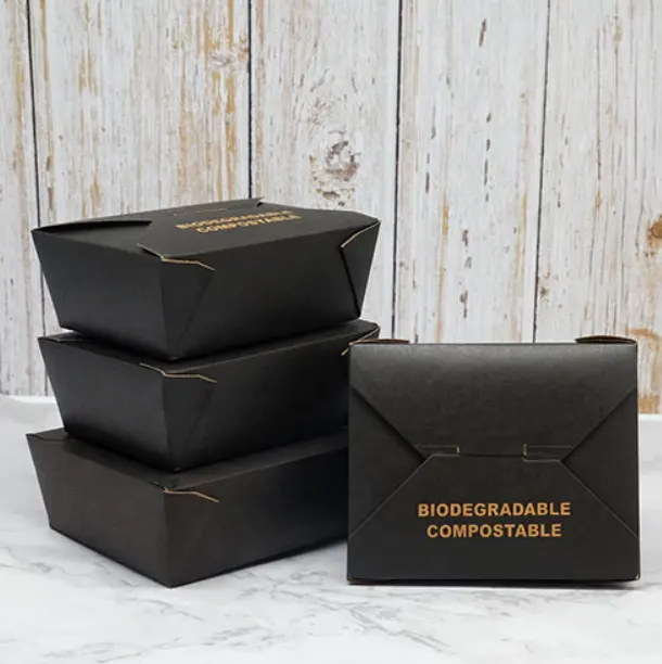 Contenitore di carta da pranzo nero usa e getta biodegradabile personalizzato all'ingrosso cibo da asporto nero per andare scatole