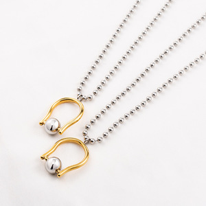 yunnique Geometric <b>Titanium</b> Steel Bead <b>Chain</b> Necklace With Gold Pendant Minimalist Style For Fashion - Product Image 1