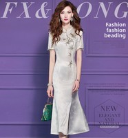 FMY71281 Robe Qipao d'été de style chinois haut de gamme, élégante, avec broderie florale et perles, longueur thé, tenue traditionnelle chinoise
