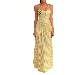 Women's Polka Dot <b>Print</b> Halter Neck Maxi Dress - Sleeveless Ruched Waist Casual Dresses Fashion - Product Image 4