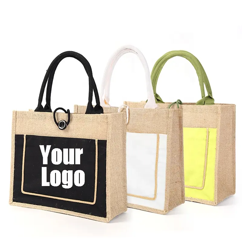 Top Quality eco small custom logo printing cotton jute burlap grocery gift shopping tote bags wholesale with canvas pocket