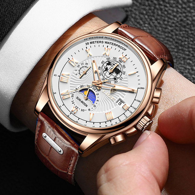 LIGE LG8975 Watch Factory Fashion Quartz Men Watches  Luxury Waterproof Luminous Date Man Clock Leather Sport Men's Wrist Watch
