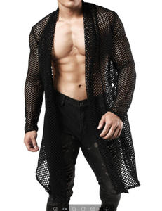 قميص رجالي مثير كبير شال أجوف متوسط الطول سترة شبكة منظور قميص طويل الأكمام - Product Image 1