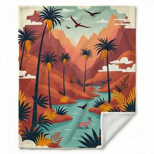 Whimsical Jungle Flannel <strong>Throw</strong> Blanket - Soft &amp; Warm <strong>Terracotta</strong> Hills with Exotic Birds And Deer, Ideal for Couch, Bed, Office - Product Image 5