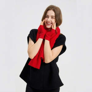 Gants sans doigts en tricot côtelé rouge pour femmes, isolation thermique, chaleur hivernale, longueur courte, couleur unie, style classique - Product Image 2