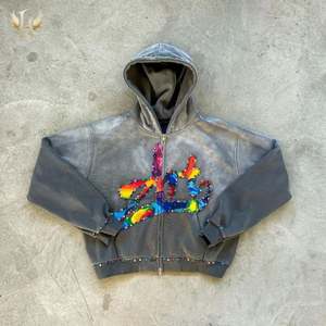 Spray Monkey Washed Custom Boxy Oversized Zipper Pullover Sudaderas con capucha Gradientes de colores DTG Big Rhinestones Rivet Hoodie - Product Image 2