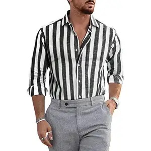 Stripe Shirts Casual Mens Clothing Summer Autumn Linen Cotton Long Sleeve T Shirts For Man