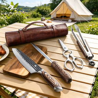 5-delige campingkeukenmessenset, gesmeed 5Cr15MoV staal, koksmessen met houten handvat & lederen opberghoes voor buiten BBQ en wandelen