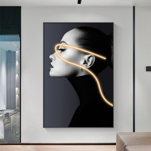 Peintures suspendues de porche de restaurant moderne noir blanc orange personnages éclairage LED invités étage Figure peintures de portrait - Product Image 5