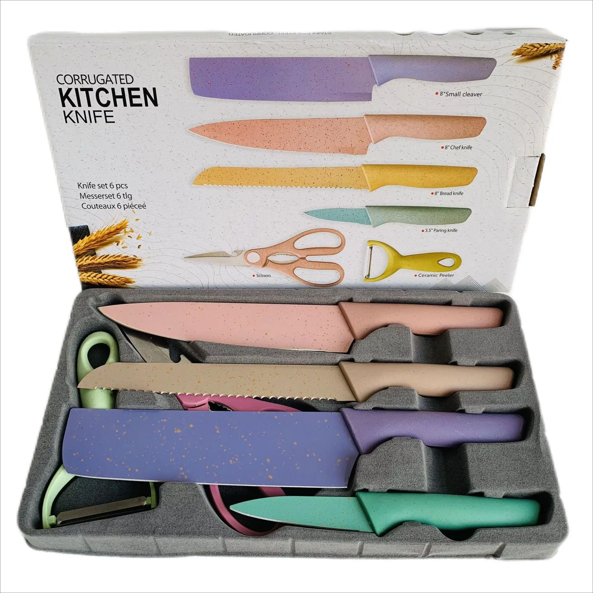 Gran oferta, juego de 6 piezas de paja de trigo, juego de cuchillos de cocina de acero inoxidable de Color Makaron colorido