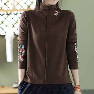 Traditional Chinese Embroidered Wool Slim Fit Semi High Collar Base Shirt Women's Long Sleeve Autumn Winter Inner Layer - Product Image 4