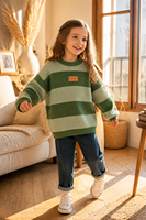 Pull-over doux à col rond et manches longues pour enfants, avec logo personnalisé, rayures vert olive, en mélange de viscose côtelé, mignon et décontracté, printemps-été