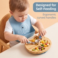 Ensemble d'assiettes divisées en bambou en forme d'éléphant pour tout-petits avec cuillère et fourchette, base d'aspiration en silicone, bavoir d'alimentation en silicone assorti pour enfants