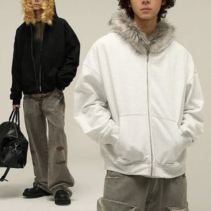 KingSen High-quality Men's Winter Fur Hooded Double Zip-Up Hoodie Worsted Fabric Cotton Terry Trim Oversized Breathable Design - Product Image 1