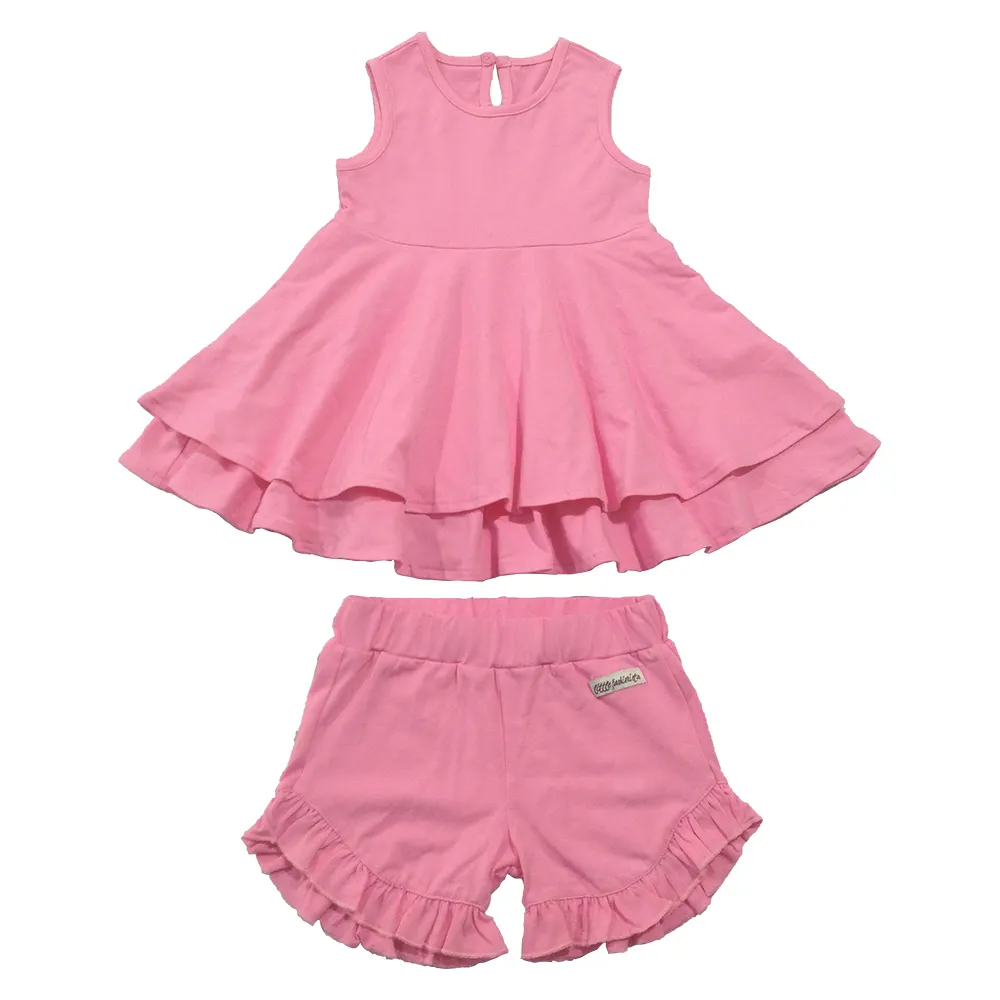 Ropa de verano para niñas, conjuntos de dos piezas sin mangas con volantes y pantalones cortos, color rosa liso, venta al por mayor
