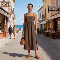 Robe Hawaïenne Femme en Lin et Coton Naturel Durable, Bretelles Fines, Froncée, Unie, Ourlet Fendu, Style Boutique