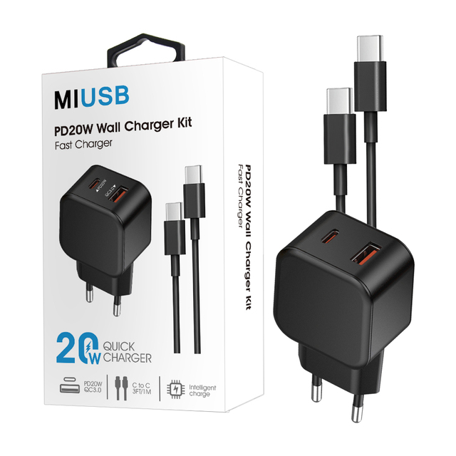 Hot Sale EU Plug Pd 20w Type-c Super Fast Charge Adapter Wall Charger Mobile Phones With Type-c Cable
