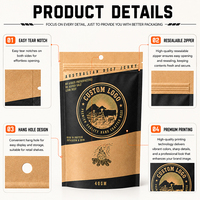 Sac en papier kraft imprimé sur mesure pour bœuf séché australien, pochette à fond plat avec fermeture éclair, biodégradable, pour aliments
