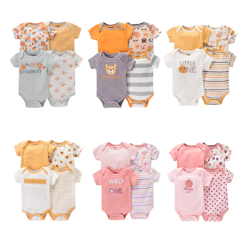 Baju Monyet Bayi Baru Lahir, Onesie Musim Panas Bayi Lengan Pendek 0 Sampai 1 Tahun Lucu 4 Buah Set Pakaian Bayi