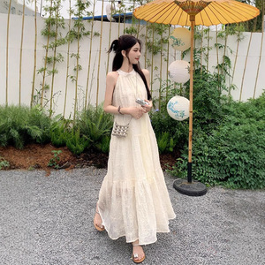 Halter Neck Long Dress Apricot Polyester Empire Waist Wrap And Tie Beach Vacation Tea Break Style - Product Image 2