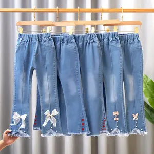Dropshipping फैशन 2023 वसंत शरद ऋतु बड़ा लड़कियों डेनिम पैंट बच्चों धनुष मोती भड़क पैंट नए जीन्स