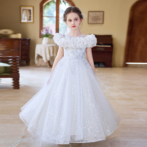 Abito <span class=keywords><strong>Elegante</strong></span> da Principessa per Bambina, <span class=keywords><strong>Vestito</strong></span> da Festa in Tulle Ettereo e Perle, Abito da Damigella d'Onore con Spalle Arricciate - Product Image 1