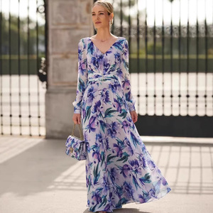 Vestido de Noche Largo con Estampado Floral, Cuello en V, Cintura Imperio, Vestido Maxi para Mujer, Transpirable y a la Moda - Product Image 1