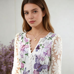 <b>Women's</b> Elegant Mid-Length Button <b>T</b>-<b>Shirts</b> Butterfly Lace Crocheted Sleeve Casual Office Top with Sweet Short <b>V</b>-<b>Neck</b> for Bigsize - Product Image 1