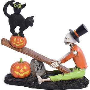 Halloween Skeleton Decor,Tombstone Seesaw Skeleton <strong>Cat</strong> Owl Statue with Pumpkin Lantern - Product Image 1