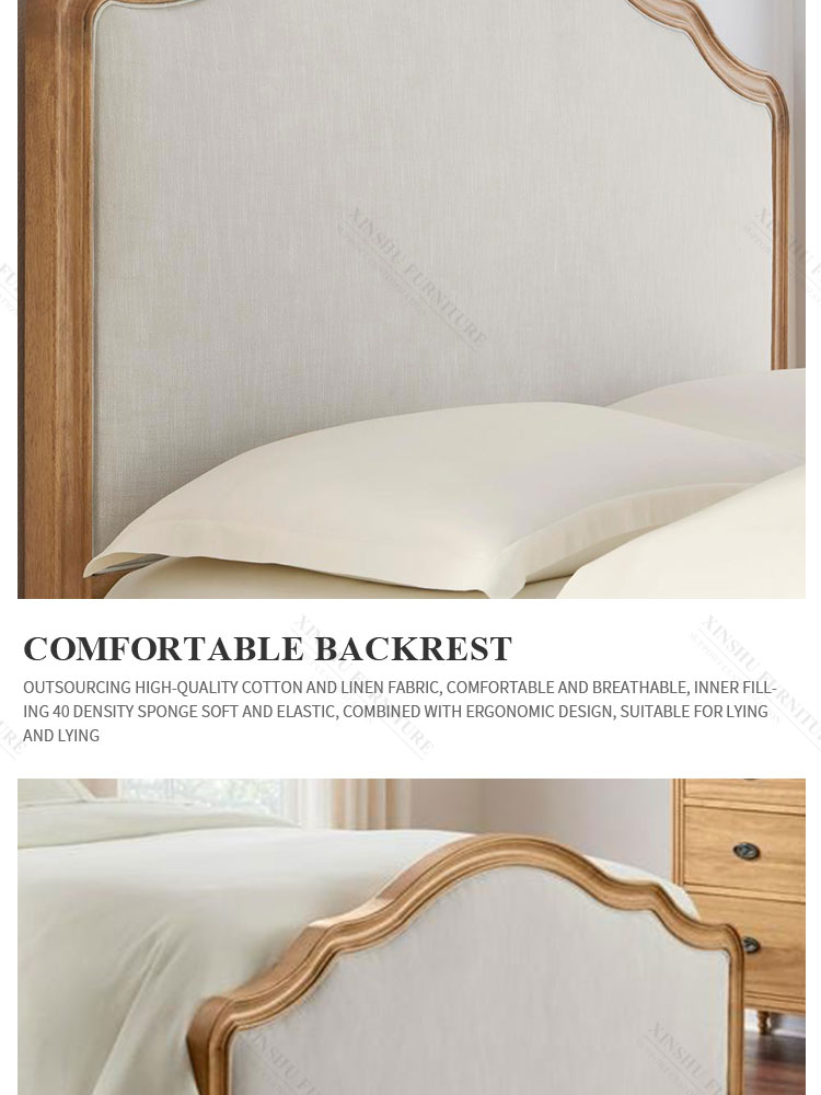 high quality american solid wood frame cotton linen double bed vintage bedroom large solid wood bed