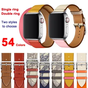 Tali jam tangan Apple, tali untuk Apple Watch Band 8 7 6 SE 5 4 44mm 40mm lingkaran ganda kulit asli untuk iWatch gelang aksesoris jam tangan