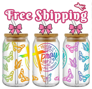 Free Sbippiog Wholesale Trending Christian Faith Pray Quote Butterfly UV DTF Cup <b>Wrap</b> for 16oz Glass Tumblers - Product Image 1