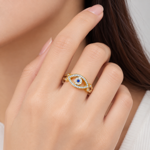 Gold Eye Motif Adjustable <b>Ring</b> <b>Stainless</b> <b>Steel</b> Zircon Jewelry with Blue Center Stone and 14K Gold Vacuum Plating - Product Image 5