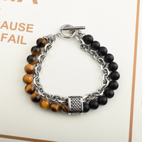 Nouvelle tendance Bracelet perlé Double couche pour hommes en acier inoxydable oeil de tigre pierre Fine chaîne et lien Bracelets en gros