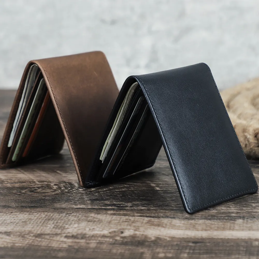 Contact's Wholesale Minimalist Slim Card Holder Wallet Super Thin Genuine Leather Wallet Mens Bifold Purse With Magnetism
