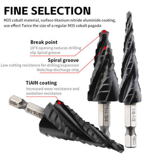 Foret étagé à quatre spirales en <span class=keywords><strong>acier</strong></span> rapide HSS M35 <span class=keywords><strong>Cobalt</strong></span> <span class=keywords><strong>Titane</strong></span> Nitrure d'aluminium 3/16-7/8 pouces avec revêtement ambre - Product Image 5