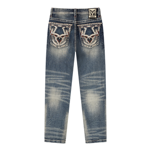Stock Men’s Heavy Stitch <b>Embroidered</b> Straight Leg Denim <b>Jeans</b> Vintage Enzyme Washed <b>jeans</b> for men - Product Image 2