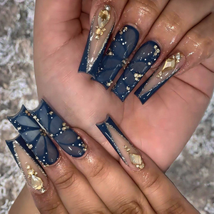 Ongles à presser carrés bleus français en ABS, motif papillon 3D, strass de luxe, 24 pièces, vente chaude - Product Image 2