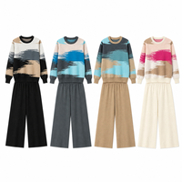 En stock, échantillon rapide, ensemble deux pièces en tricot à blocs de couleur, col rond, manches longues, coupe ample, polyester et coton, pour femme, automne