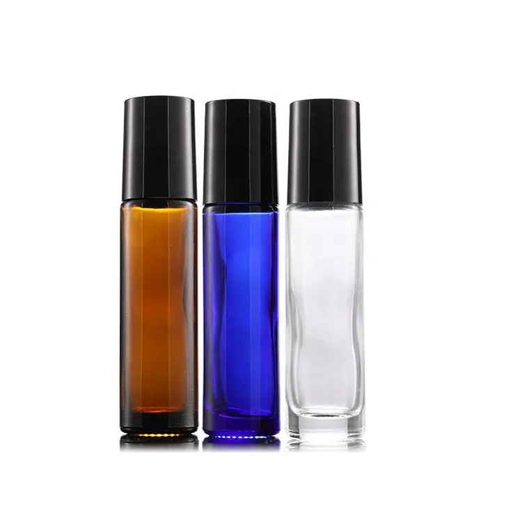 10ml clear Amber Blue Empty Essential Oil Bottle Lip Gloss Roller Tube Glass Roll on Bottles with Metal Roller Ball