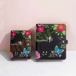 Kustom kulit pu 6 cincin binder A5A6 organizer penutup bunga bordir dengan sisipan bundel set hitam