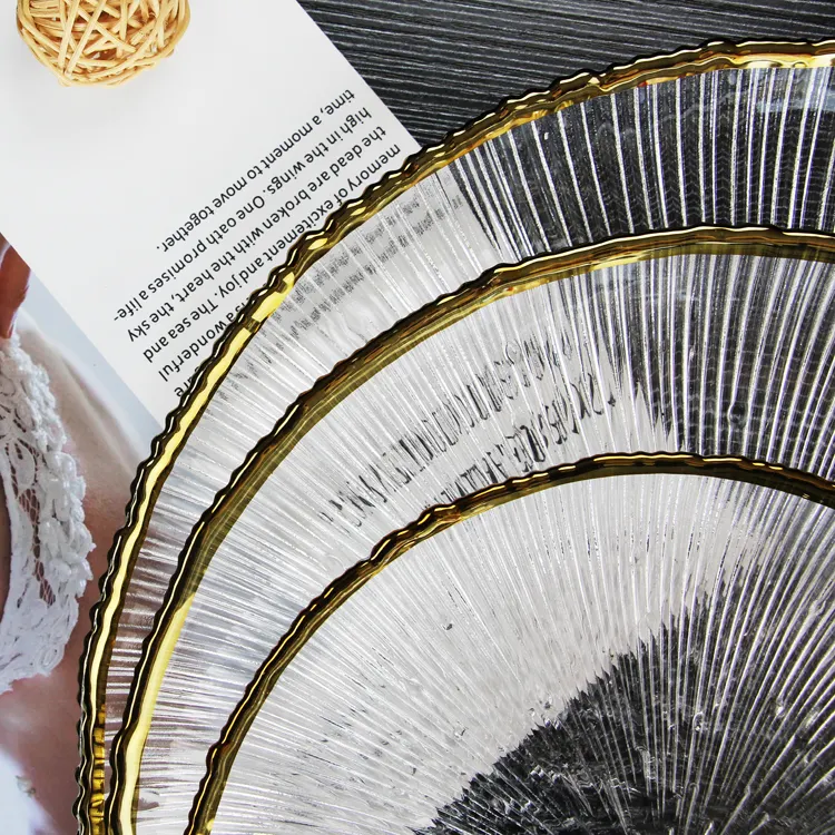 Элегантный Скандинавский дизайн фейерверк, прозрачное стекло, зарядное устройство, тарелки с золотым ободом, набор обеденных тарелок для украшения свадебной вечеринки