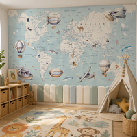 Papier peint mural auto-adhésif imperméable, motif dessin animé aquarelle fantaisie, ballon à moteur et carte du monde, pour la décoration murale de chambre d'enfant