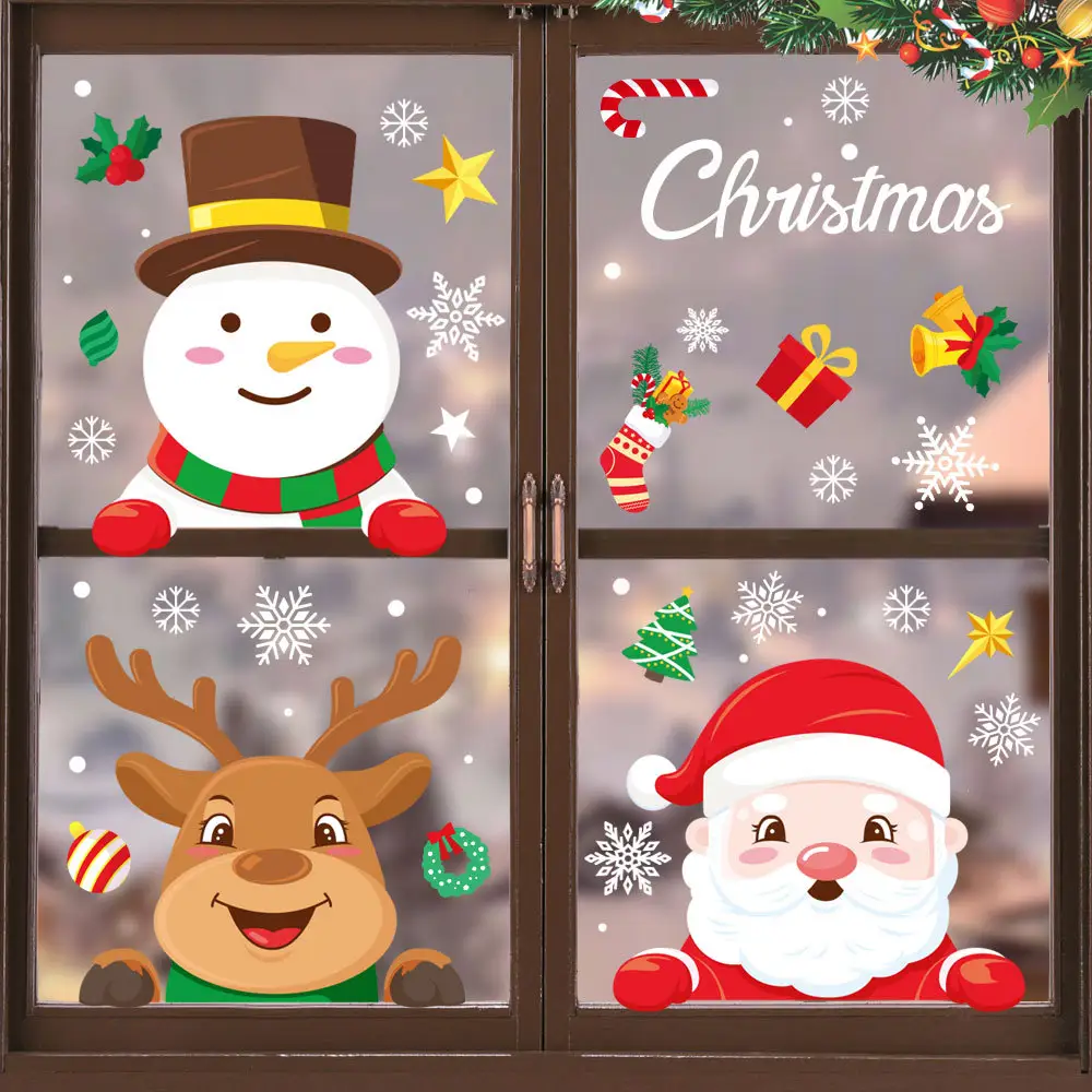 Рождественские наклейки на окна, рождественские наклейки на окна, снежинка, Санта-Клаус, олень, рождественские наклейки на окна