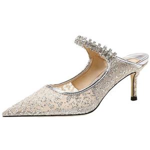 Rhinestone slip-on <b>slippers</b> Women Wear New Sexy Patent Leather Pointed Diamond Flat Muellers Crystal Lace Mary Jane Half Sandals - Product Image 6